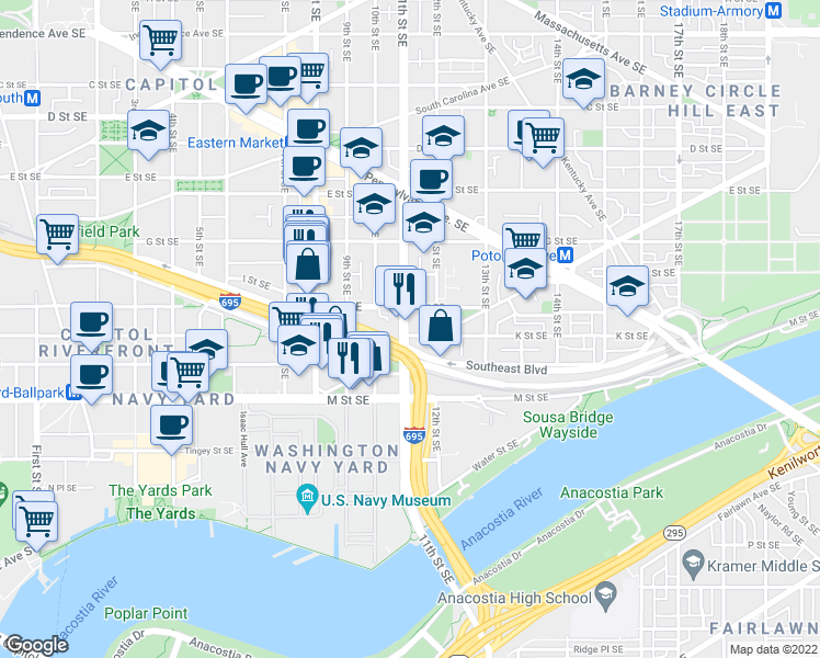 map of restaurants, bars, coffee shops, grocery stores, and more near 101 Independence Avenue Southeast in Washington