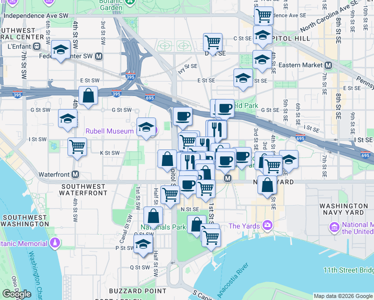 map of restaurants, bars, coffee shops, grocery stores, and more near 101 Independence Avenue Southeast in Washington