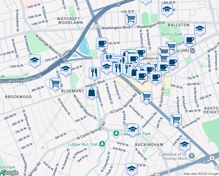map of restaurants, bars, coffee shops, grocery stores, and more near 723 North Wakefield Street in Arlington