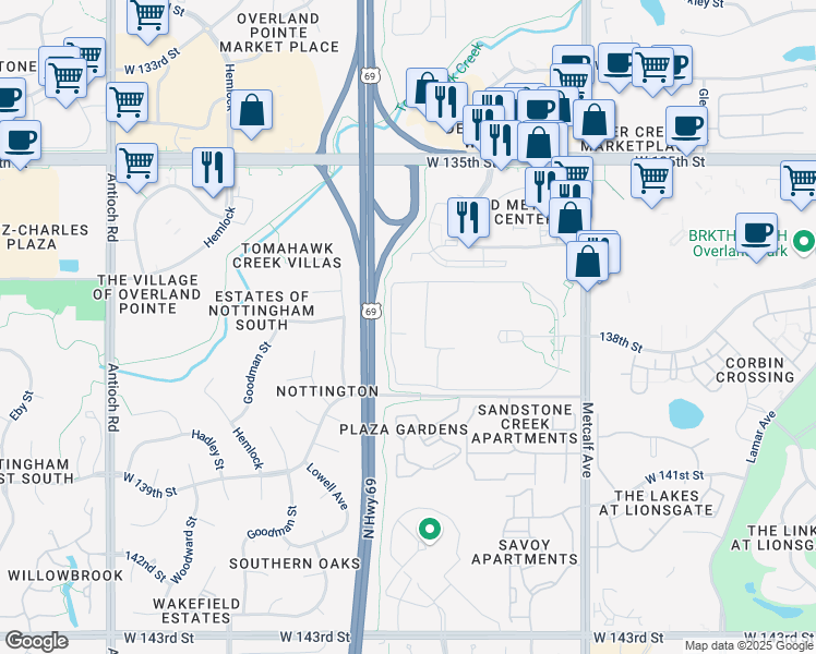 map of restaurants, bars, coffee shops, grocery stores, and more near 13559-13827 Old Highway 69 in Overland Park