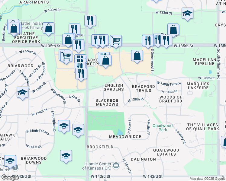 map of restaurants, bars, coffee shops, grocery stores, and more near 601 Darnell Street in Olathe