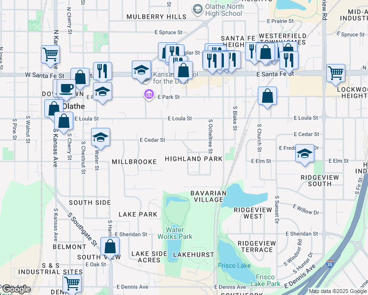 map of restaurants, bars, coffee shops, grocery stores, and more near 500 East Glendale Street in Olathe