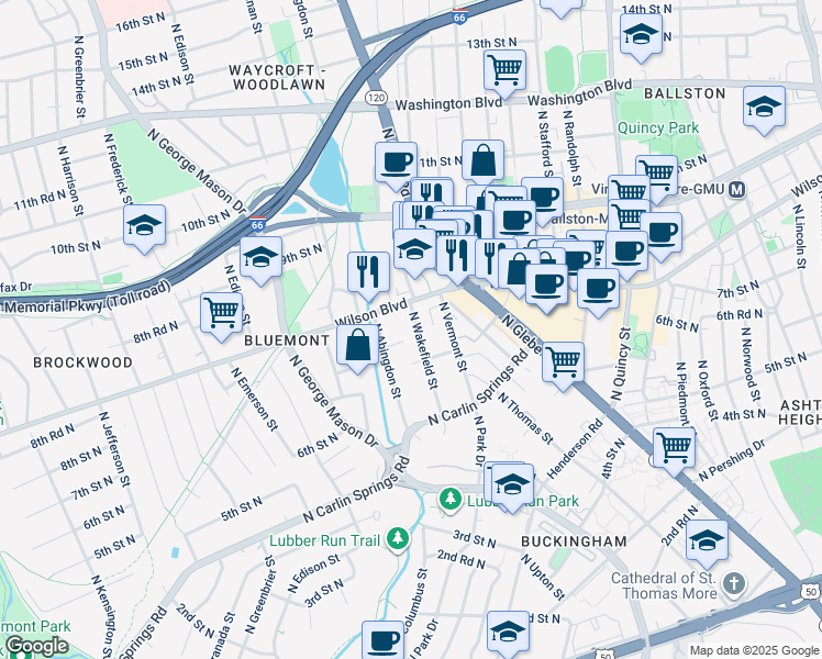 map of restaurants, bars, coffee shops, grocery stores, and more near 728 North Wakefield Street in Arlington
