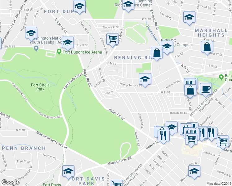 map of restaurants, bars, coffee shops, grocery stores, and more near 825 Burns Street Southeast in Washington