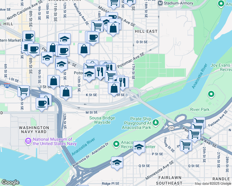 map of restaurants, bars, coffee shops, grocery stores, and more near 1512 K Street Southeast in Washington