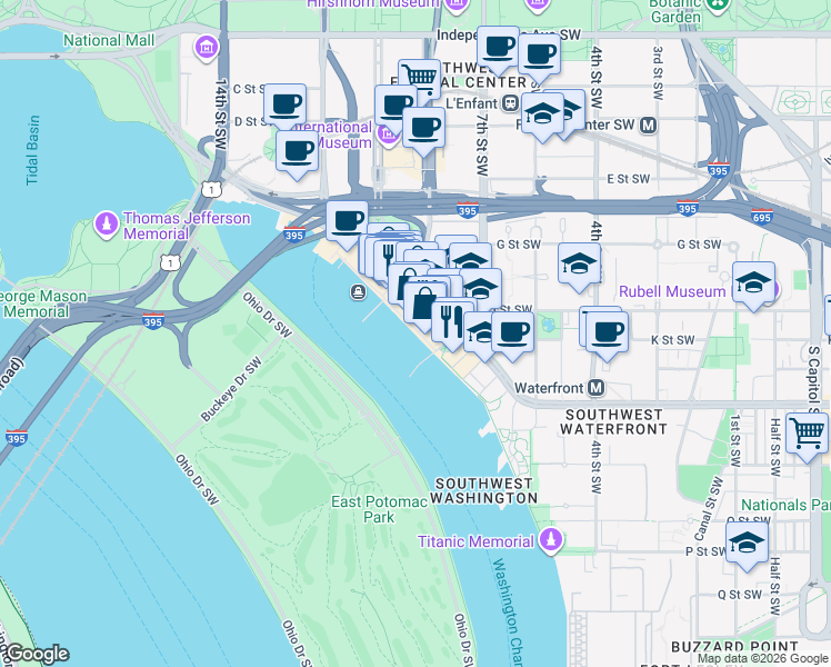 map of restaurants, bars, coffee shops, grocery stores, and more near 750 Wharf Street Southwest in Washington