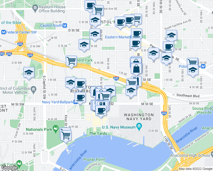 map of restaurants, bars, coffee shops, grocery stores, and more near 101 Independence Avenue Southeast in Washington