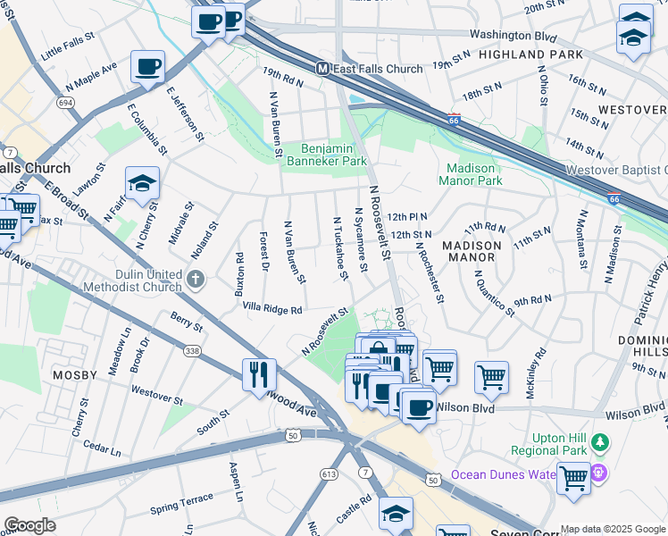 map of restaurants, bars, coffee shops, grocery stores, and more near 1006 North Tuckahoe Street in Falls Church