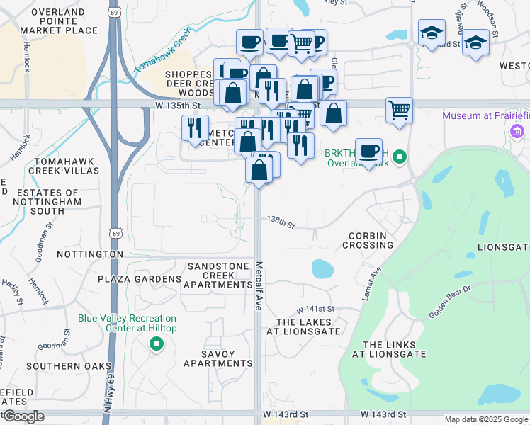 map of restaurants, bars, coffee shops, grocery stores, and more near 13761 Metcalf Avenue in Overland Park