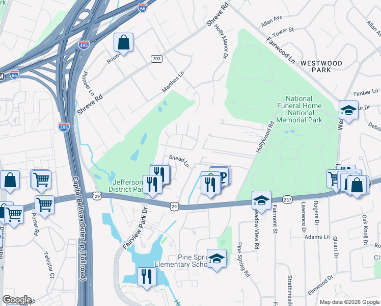 map of restaurants, bars, coffee shops, grocery stores, and more near 7725 Trevino Lane in Falls Church