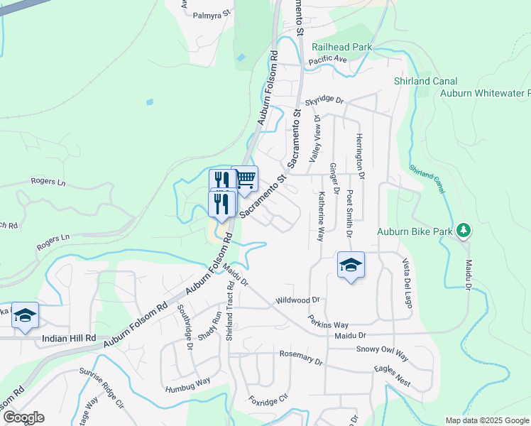 map of restaurants, bars, coffee shops, grocery stores, and more near 535 Sacramento Street in Auburn