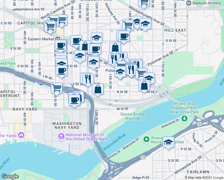 map of restaurants, bars, coffee shops, grocery stores, and more near 1300 K Street Southeast in Washington