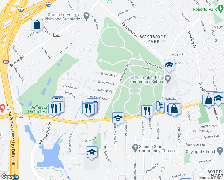 map of restaurants, bars, coffee shops, grocery stores, and more near 2756 Hollywood Road in Falls Church