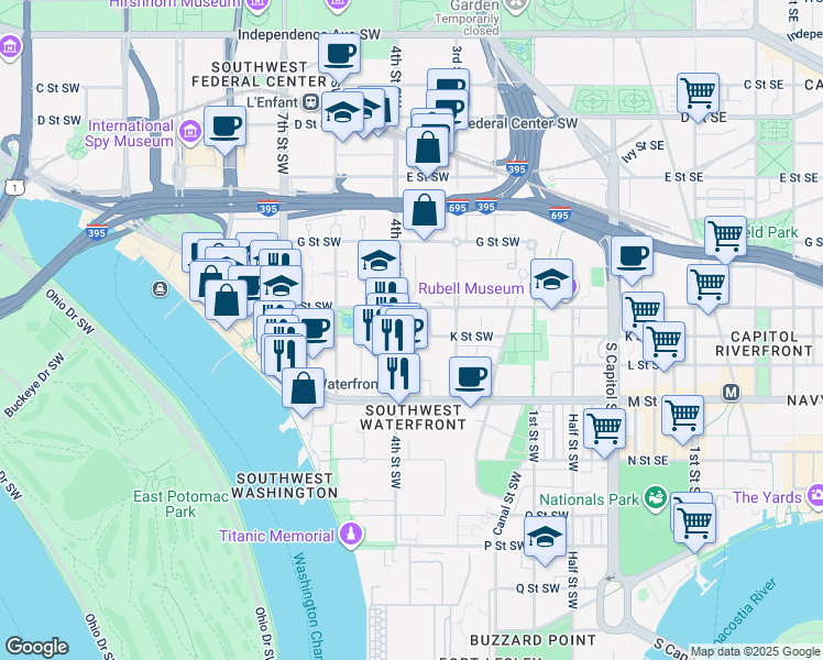map of restaurants, bars, coffee shops, grocery stores, and more near 101 Independence Avenue Southeast in Washington