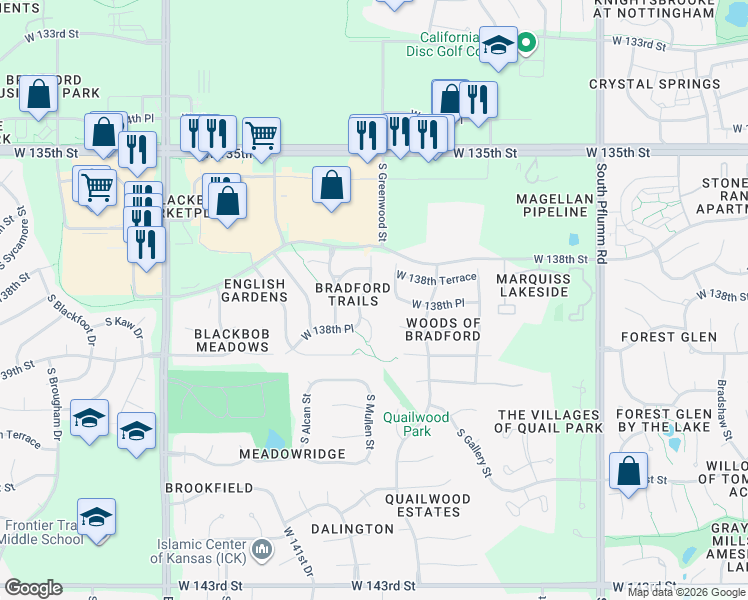 map of restaurants, bars, coffee shops, grocery stores, and more near 13845 South Mullen Street in Olathe
