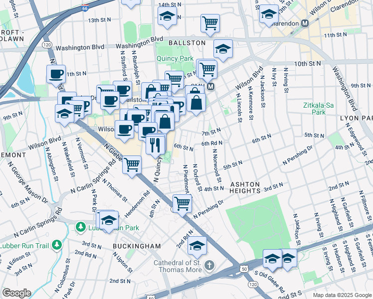 map of restaurants, bars, coffee shops, grocery stores, and more near 557 North Piedmont Street in Arlington