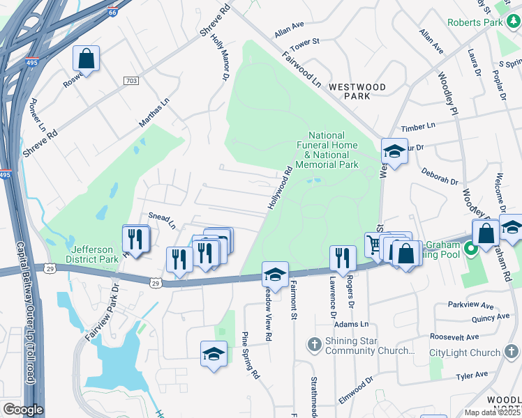 map of restaurants, bars, coffee shops, grocery stores, and more near 2756 Hollywood Road in Falls Church