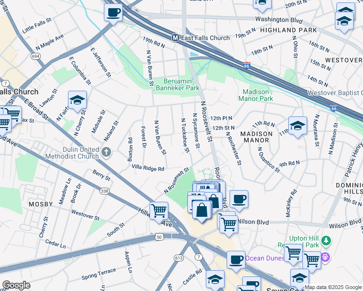map of restaurants, bars, coffee shops, grocery stores, and more near 1006 North Tuckahoe Street in Falls Church