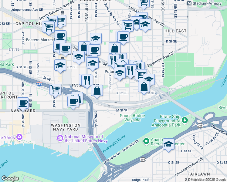 map of restaurants, bars, coffee shops, grocery stores, and more near 1310 K Street Southeast in Washington