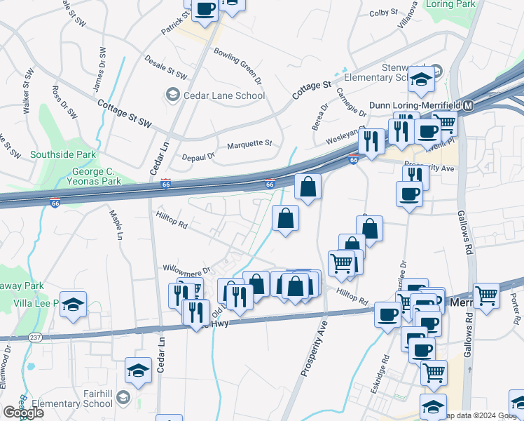map of restaurants, bars, coffee shops, grocery stores, and more near 2775 Knollside Lane in Vienna