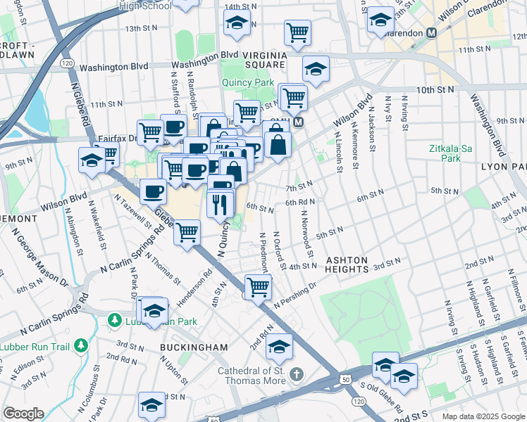 map of restaurants, bars, coffee shops, grocery stores, and more near 557 North Piedmont Street in Arlington