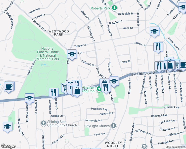 map of restaurants, bars, coffee shops, grocery stores, and more near 7376 Lee Highway in Falls Church