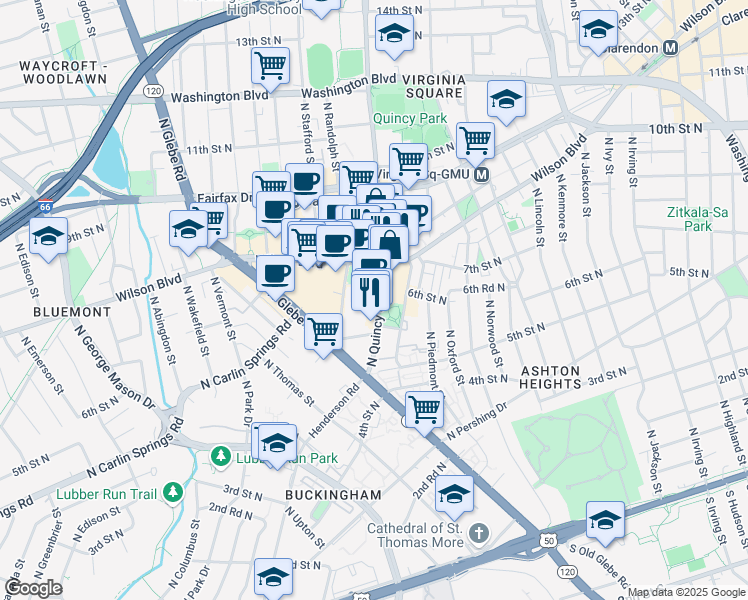 map of restaurants, bars, coffee shops, grocery stores, and more near 650 North Quincy Street in Arlington