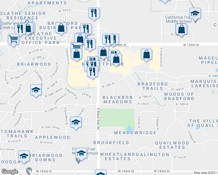 map of restaurants, bars, coffee shops, grocery stores, and more near 15041 West 138th Street in Olathe