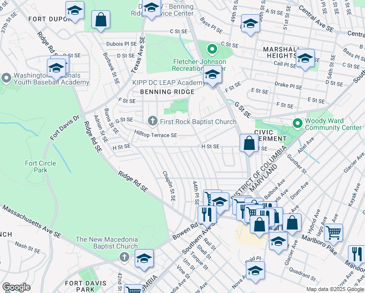 map of restaurants, bars, coffee shops, grocery stores, and more near 4430 H Street Southeast in Washington