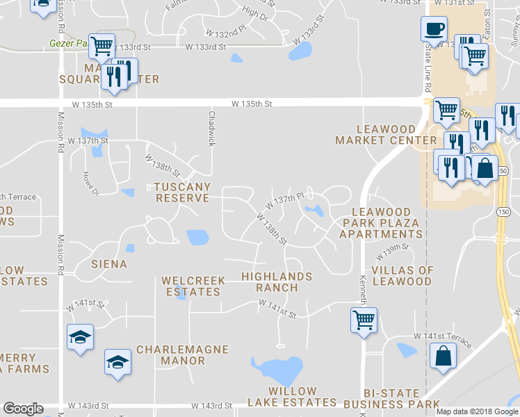 map of restaurants, bars, coffee shops, grocery stores, and more near 2708 West 137th Place in Overland Park