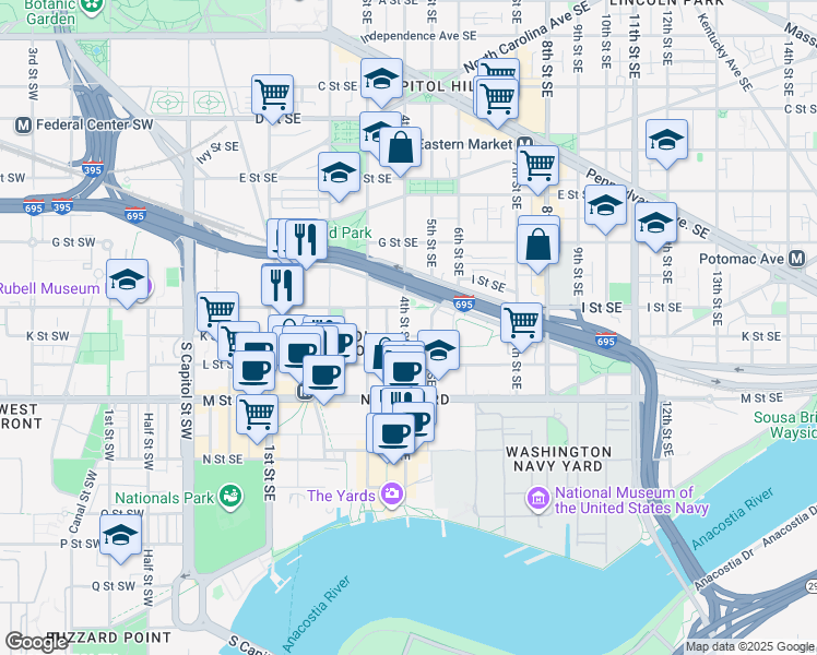 map of restaurants, bars, coffee shops, grocery stores, and more near 946 4th Street Southeast in Washington