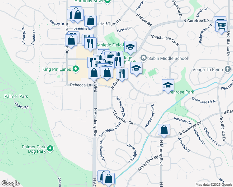 map of restaurants, bars, coffee shops, grocery stores, and more near 3229 Serendipity Circle in Colorado Springs