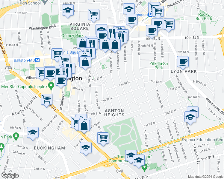 map of restaurants, bars, coffee shops, grocery stores, and more near 3508 6th Street North in Arlington