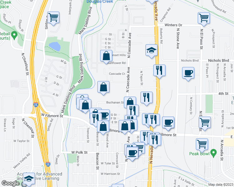 map of restaurants, bars, coffee shops, grocery stores, and more near 58 Buchanan Street in Colorado Springs