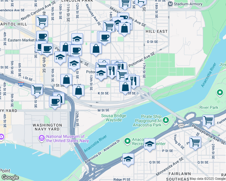 map of restaurants, bars, coffee shops, grocery stores, and more near 101 Independence Avenue Southeast in Washington
