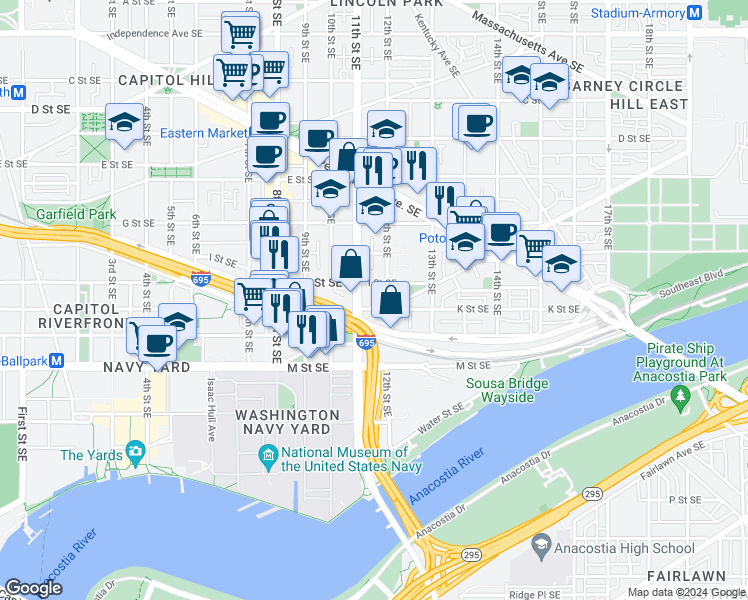 map of restaurants, bars, coffee shops, grocery stores, and more near 101 Independence Avenue Southeast in Washington