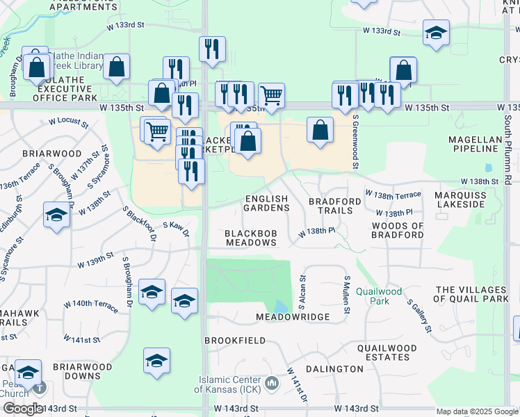 map of restaurants, bars, coffee shops, grocery stores, and more near 601 Darnell Street in Olathe