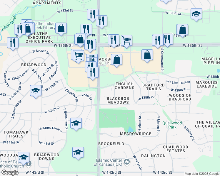 map of restaurants, bars, coffee shops, grocery stores, and more near 15041 West 138th Street in Olathe