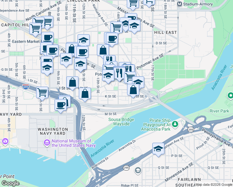 map of restaurants, bars, coffee shops, grocery stores, and more near 101 Independence Avenue Southeast in Washington