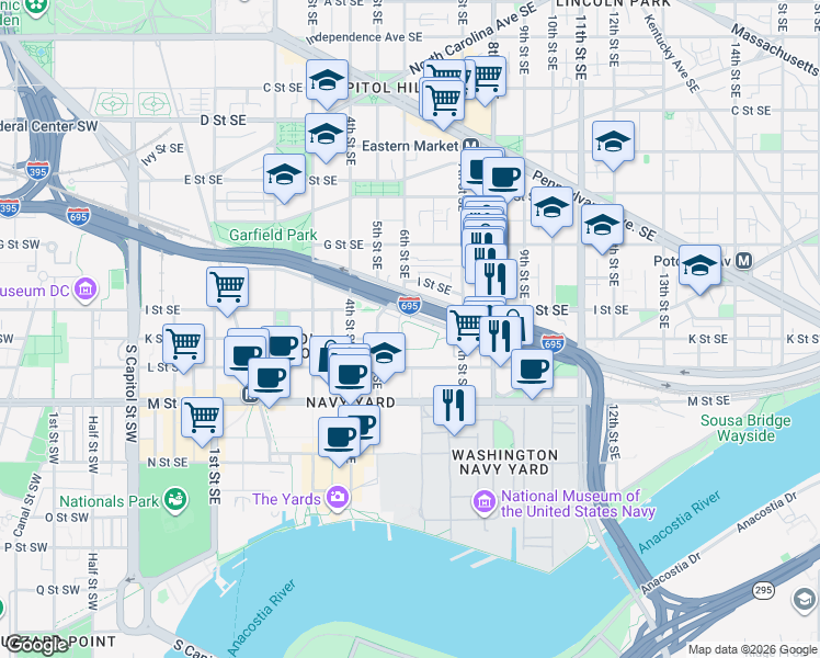 map of restaurants, bars, coffee shops, grocery stores, and more near 101 Independence Avenue Southeast in Washington