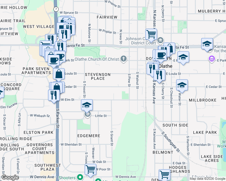 map of restaurants, bars, coffee shops, grocery stores, and more near 543 West Cedar Street in Olathe