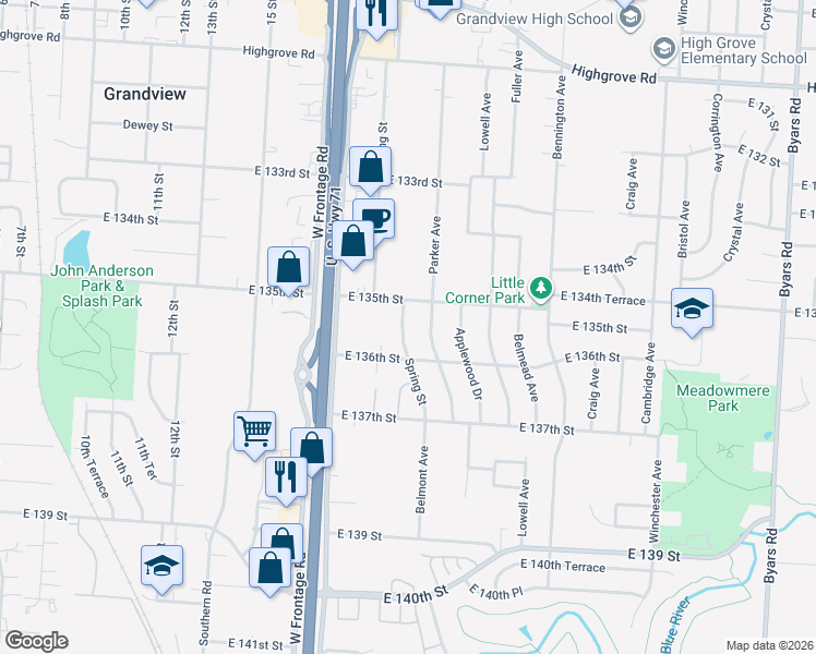 map of restaurants, bars, coffee shops, grocery stores, and more near 13513 Spring Street in Grandview