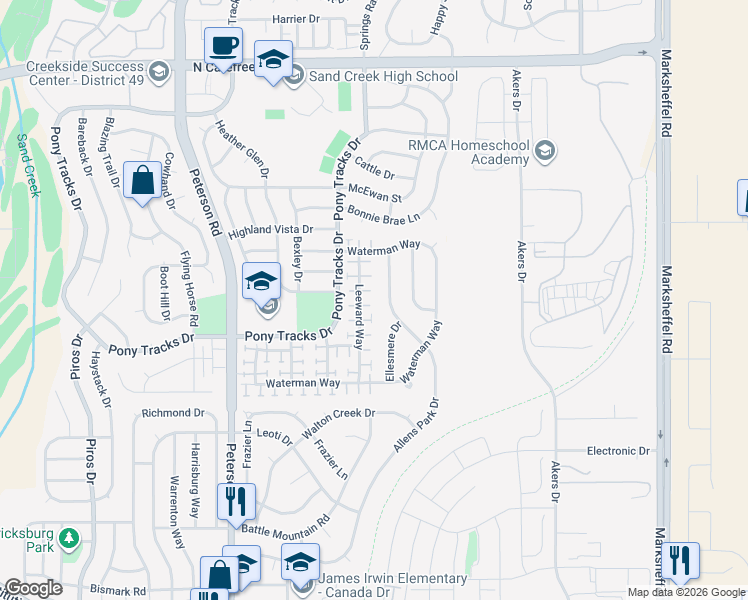 map of restaurants, bars, coffee shops, grocery stores, and more near 7215 Grand Cascade Point in Colorado Springs