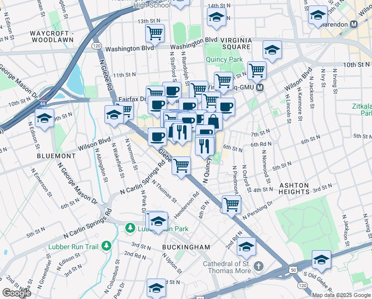 map of restaurants, bars, coffee shops, grocery stores, and more near 627 North Glebe Road in Arlington