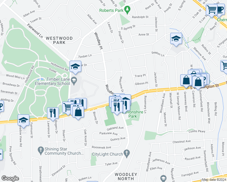 map of restaurants, bars, coffee shops, grocery stores, and more near 2731 Woodley Place in Falls Church