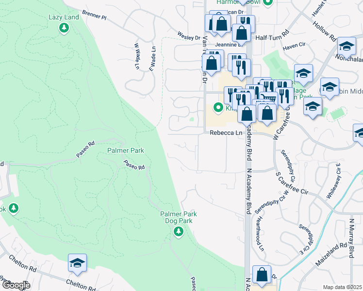 map of restaurants, bars, coffee shops, grocery stores, and more near 3485 Rebecca Lane in Colorado Springs