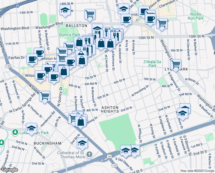 map of restaurants, bars, coffee shops, grocery stores, and more near 3508 6th Street North in Arlington