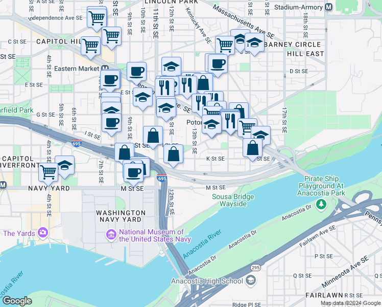 map of restaurants, bars, coffee shops, grocery stores, and more near 1235 Potomac Avenue Southeast in Washington