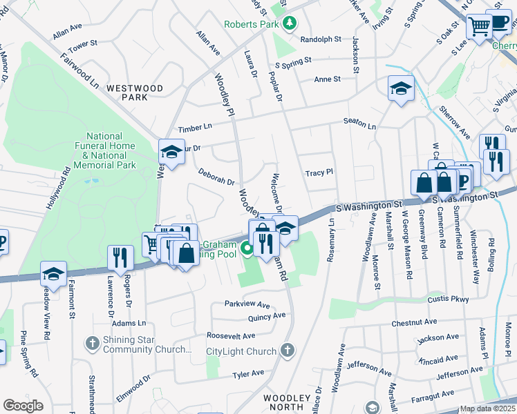 map of restaurants, bars, coffee shops, grocery stores, and more near 2731 Woodley Place in Falls Church