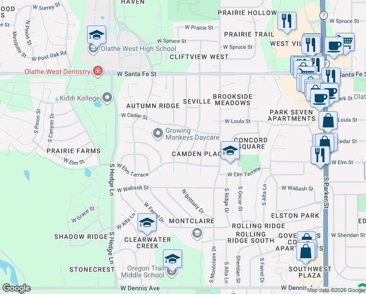 map of restaurants, bars, coffee shops, grocery stores, and more near 225 South Normandy Street in Olathe